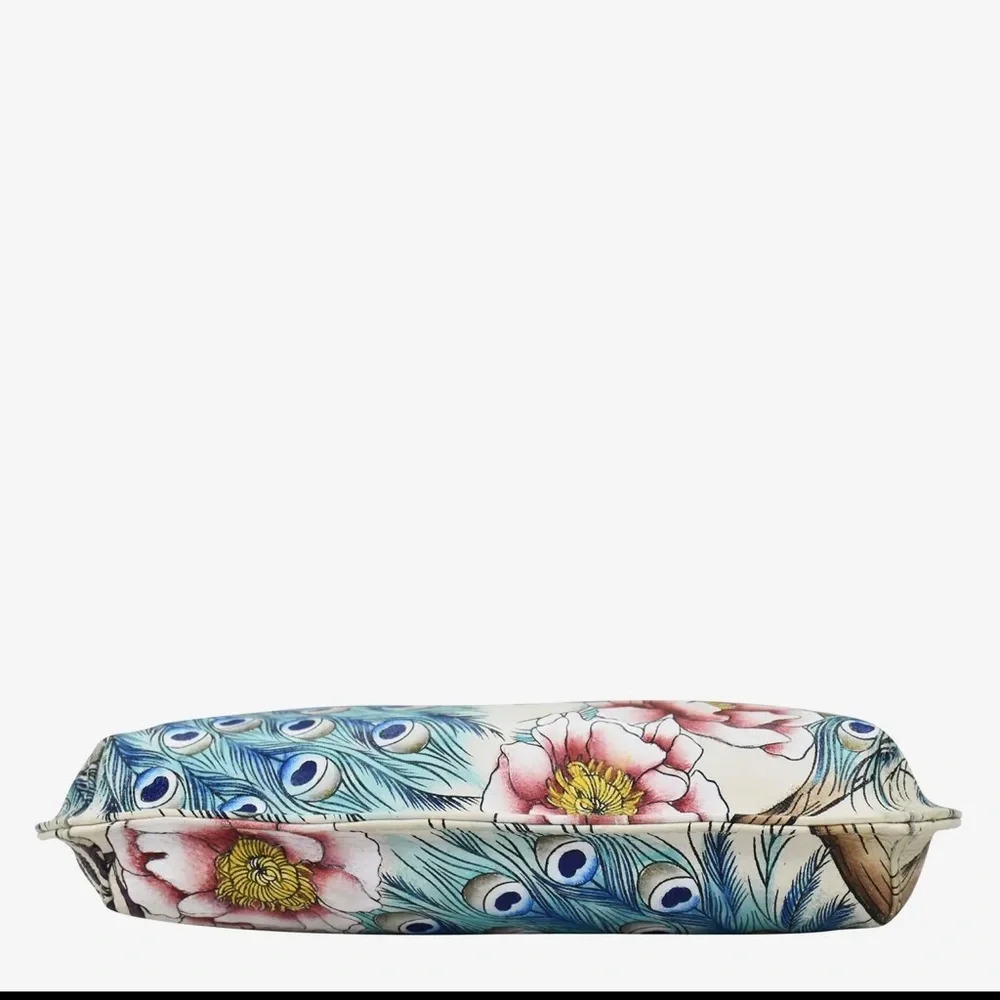 Anuschka Floral Peacock Print Cream Slim Crossbody Bag NWT - Picture 5 of 6